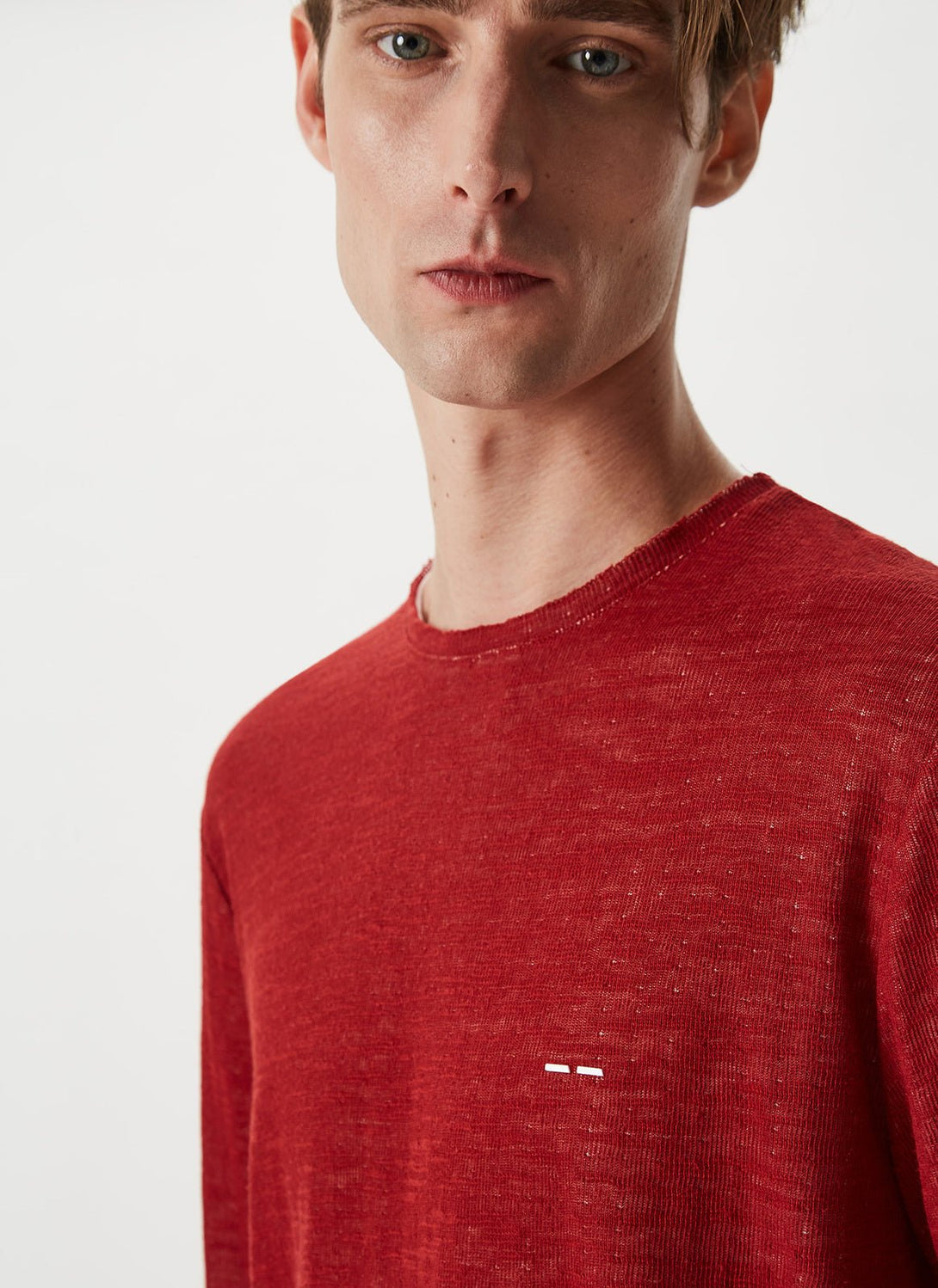 Men Long-Sleeve T-Shirt | Red Long-Sleeved T-Shirt With Raw Edges by Spanish designer Adolfo Dominguez