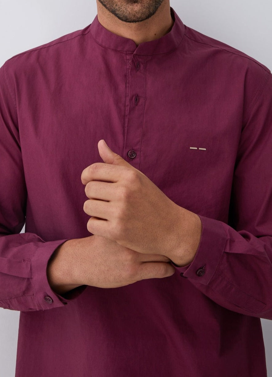 Men Shirt | Red Mao Button Neck Shirt by Spanish designer Adolfo Dominguez