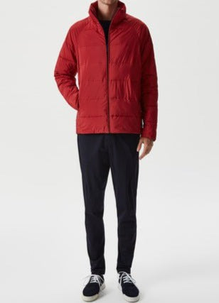 Men Long Jacket | Red Nylon Padded Parka With Raglan Sleeve by Spanish designer Adolfo Dominguez