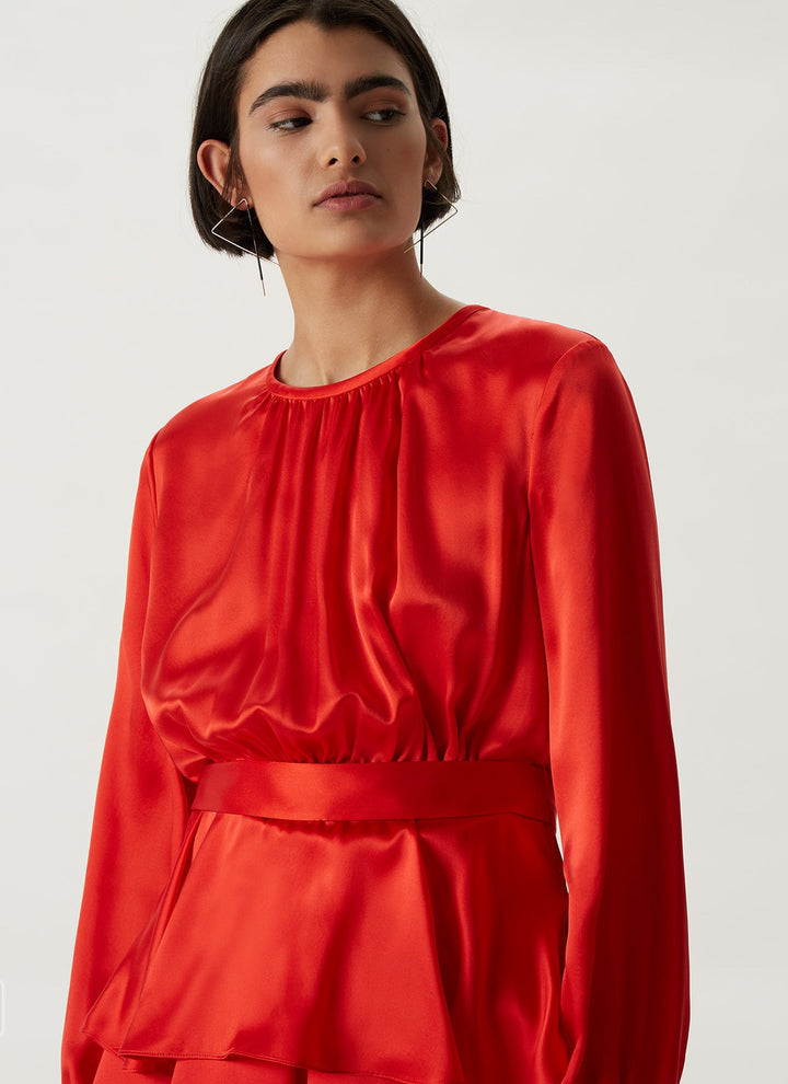 Women Shirt | Red Silk Long-Sleeved Blouse by Spanish designer Adolfo Dominguez