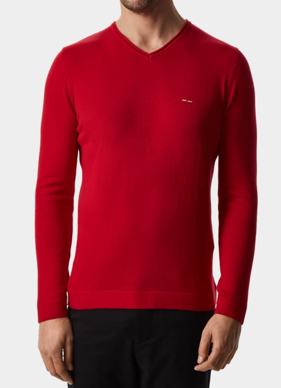 Men Jersey | Red V-Neck Organic Cotton Sweater by Spanish designer Adolfo Dominguez
