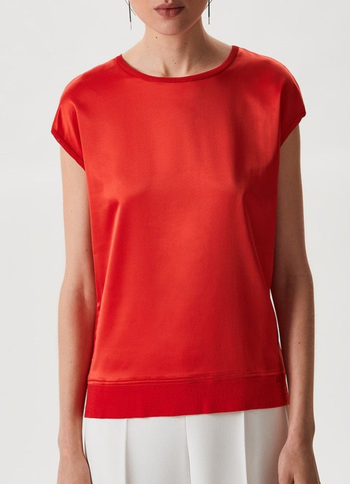 Women T-Shirt (Short Sleeve) | Red Viscose Blend Top With Knit Back by Spanish designer Adolfo Dominguez