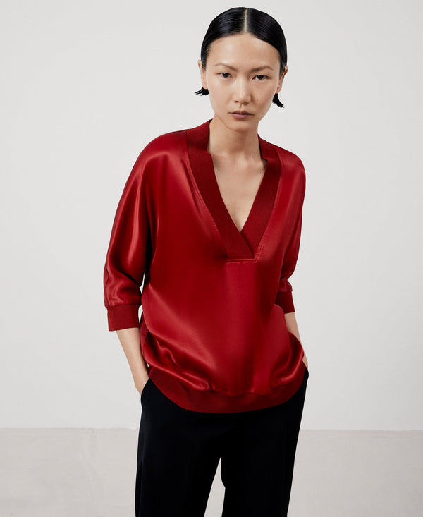 Women Long-Sleeve T-Shirt | Red Viscose V-Neckline Blouse by Spanish designer Adolfo Dominguez