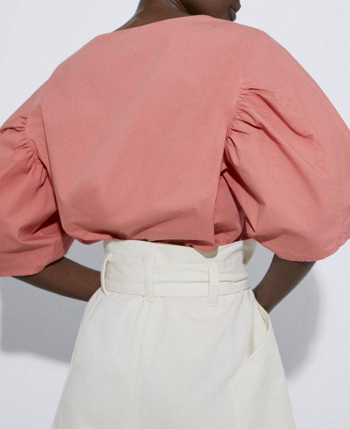 Women Short Sleeved Shirt | Salmon Puffed Sleeve Blouse In Cotton by Spanish designer Adolfo Dominguez