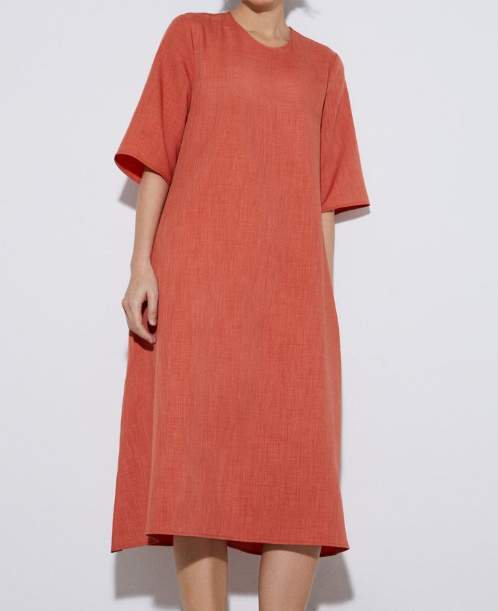 Women Dress | Salmon Recycled Polyester Flared Dress by Spanish designer Adolfo Dominguez