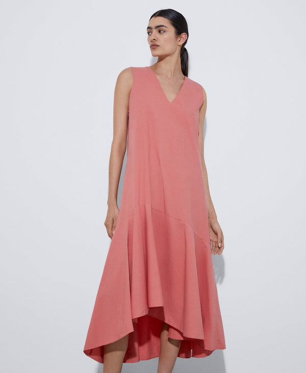 Women Dress | Salmon Responsible Cotton V-Neck Dress by Spanish designer Adolfo Dominguez