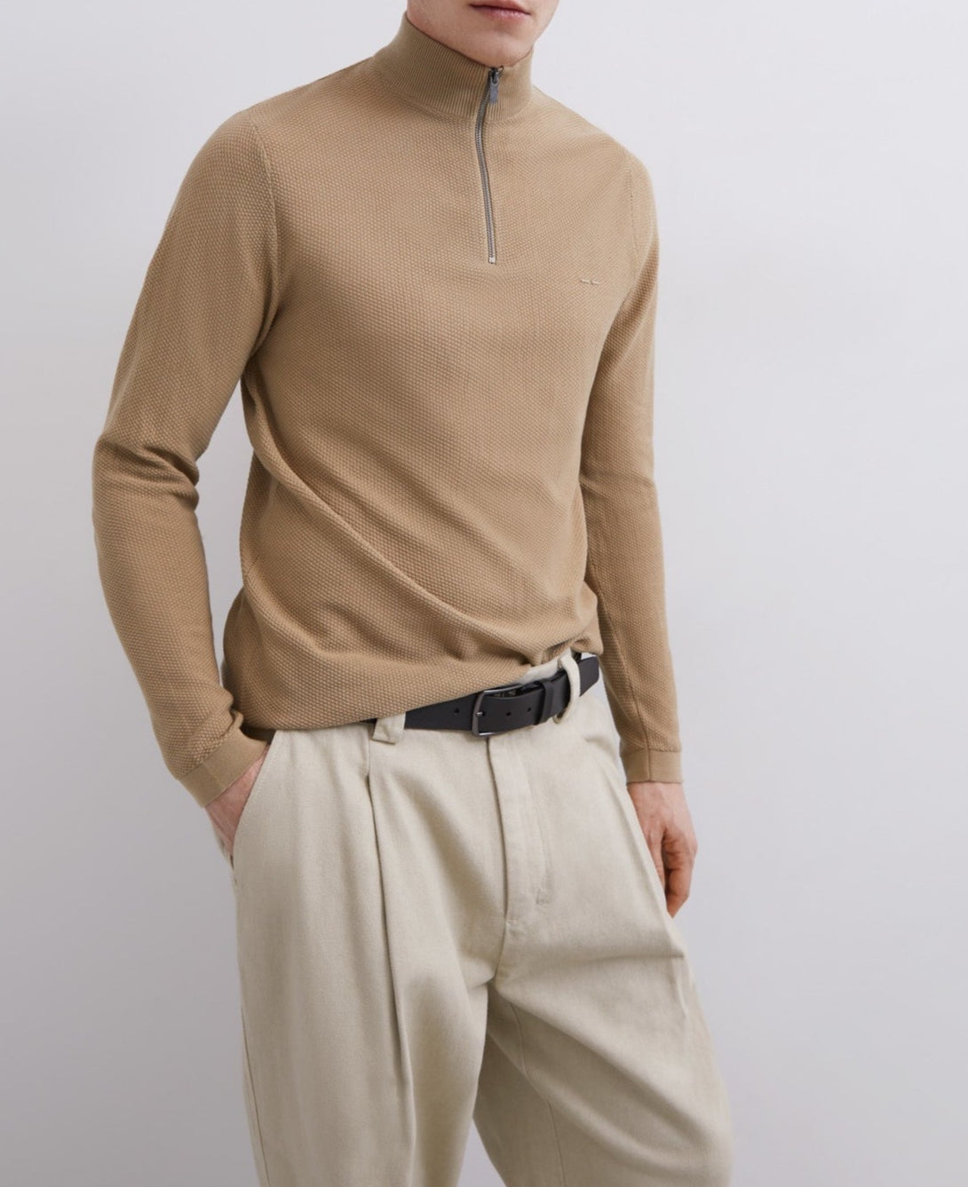 Men Jersey | Sand Cotton Perkins Collar Sweater by Spanish designer Adolfo Dominguez
