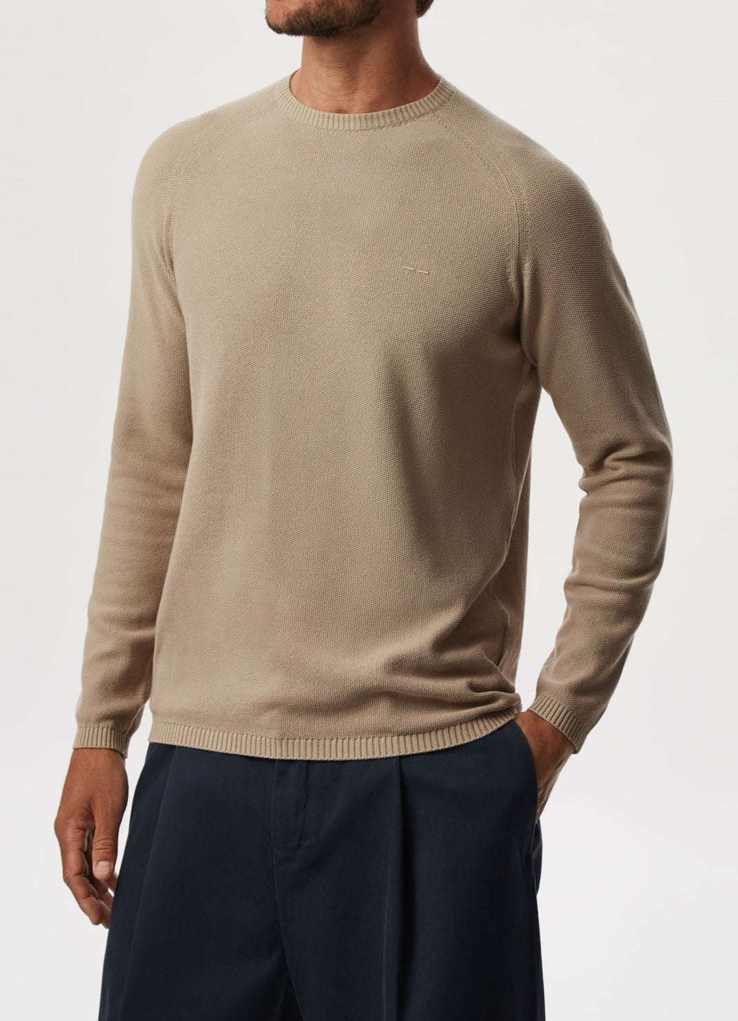 Men Jersey | Sand Cotton Sweater With Striped Texture by Spanish designer Adolfo Dominguez