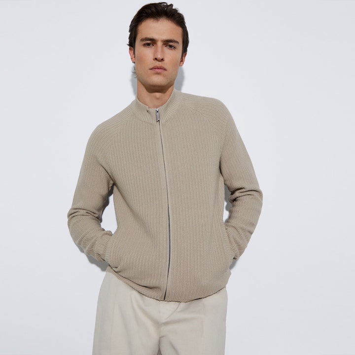 Men Knit Jacket | Sand Crew Neck Jacket With Central Zip by Spanish designer Adolfo Dominguez