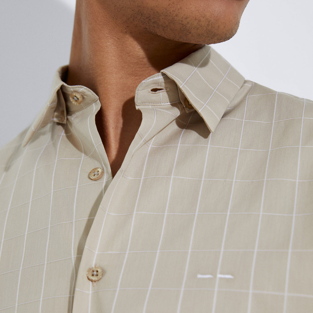 Men Shirt | Sand Plaid Cotton Shirt by Spanish designer Adolfo Dominguez