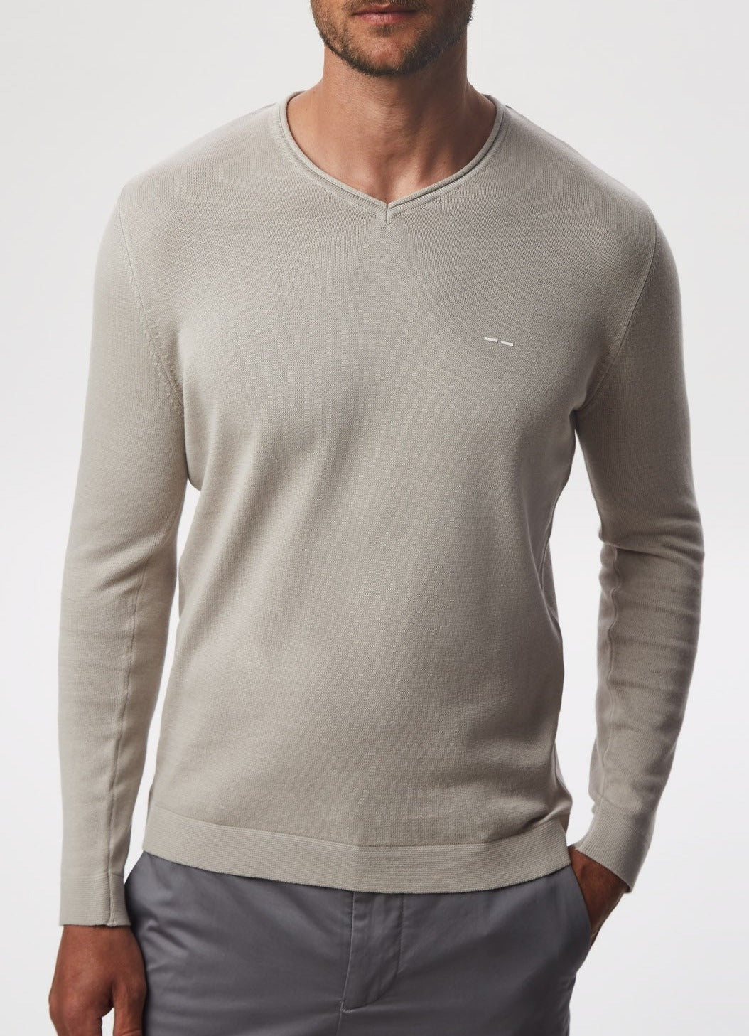 Men Jersey | Sand V-Neck Organic Cotton Sweater by Spanish designer Adolfo Dominguez