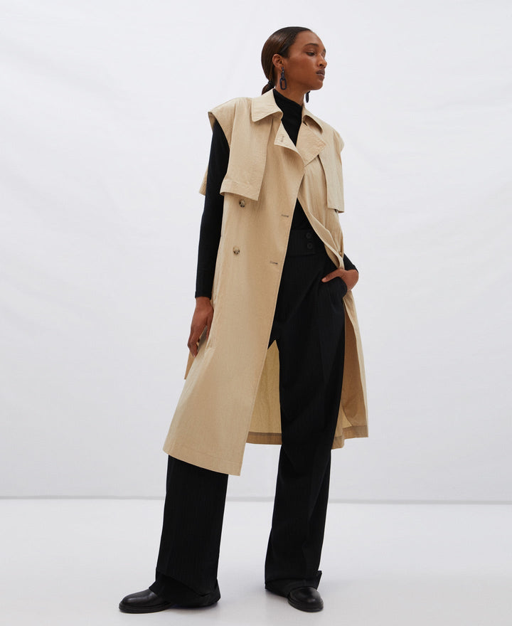 Women Vest | Sand Viscose And Nylon Sleeveless Trench Coat by Spanish designer Adolfo Dominguez