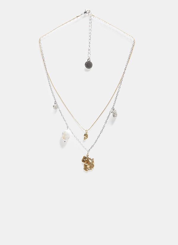 Women Necklace | Silver/Gold Short Double Necklace With Natural Pearl by Spanish designer Adolfo Dominguez