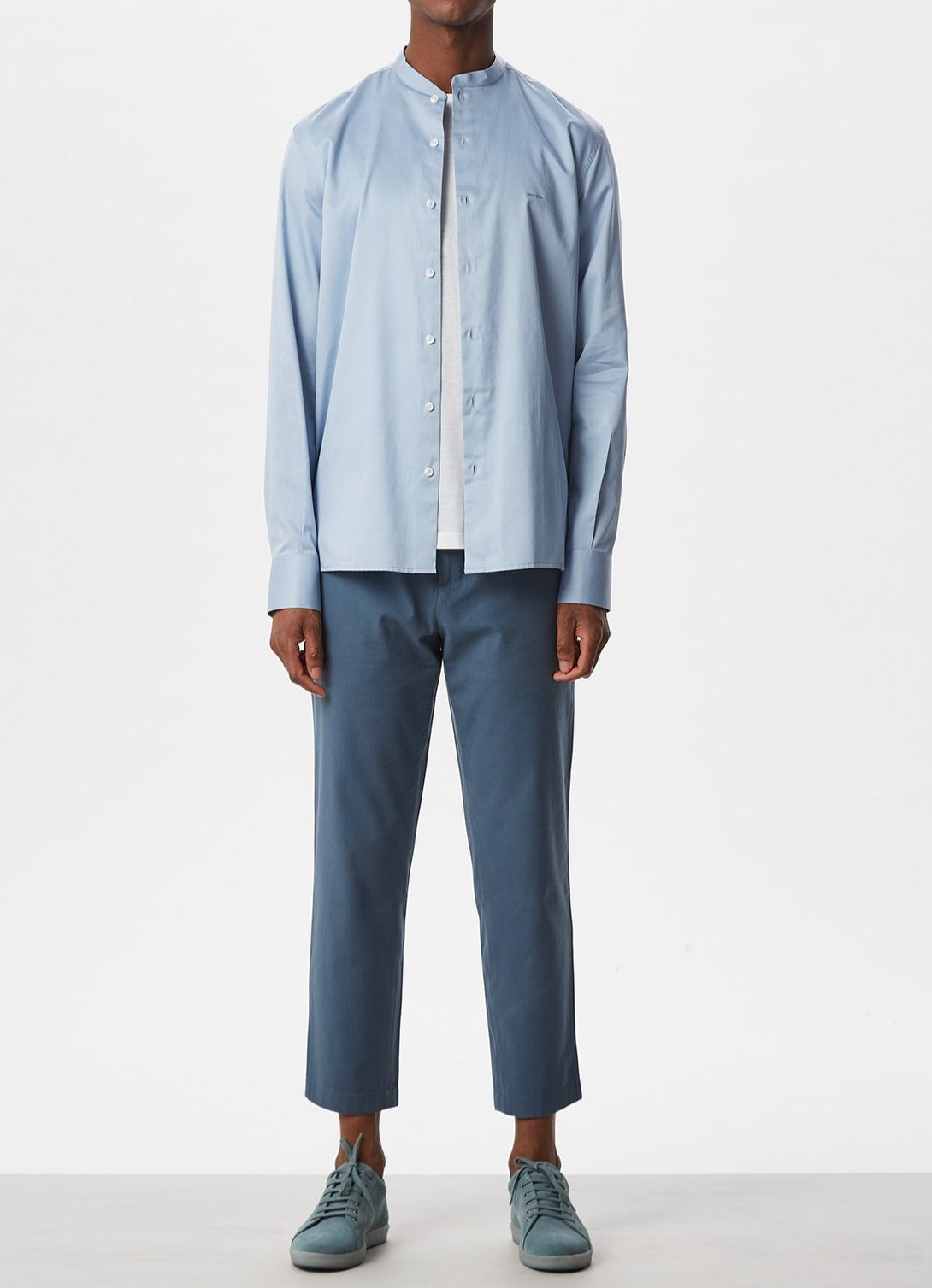 Men Shirt | Sky Blue Cotton Satin Mandarin Collar Shirt by Spanish designer Adolfo Dominguez