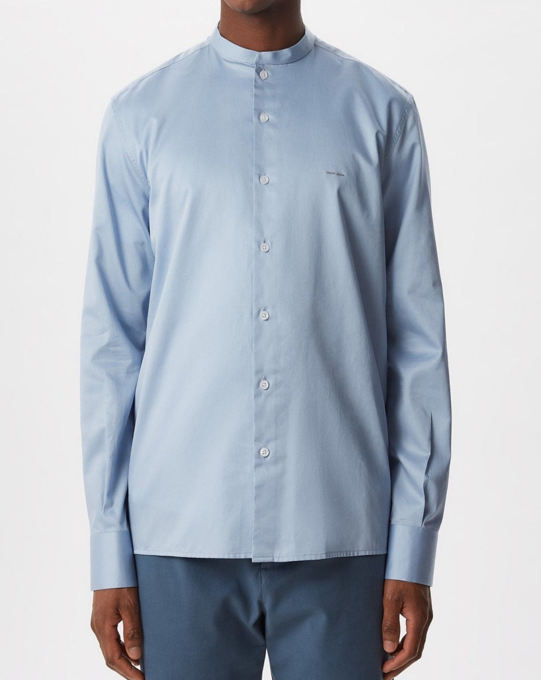 Men Shirt | Sky Blue Cotton Satin Mandarin Collar Shirt by Spanish designer Adolfo Dominguez
