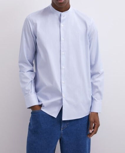 Men Shirt | Sky Blue Mandarin Collar Microstripe Cotton Shirt by Spanish designer Adolfo Dominguez