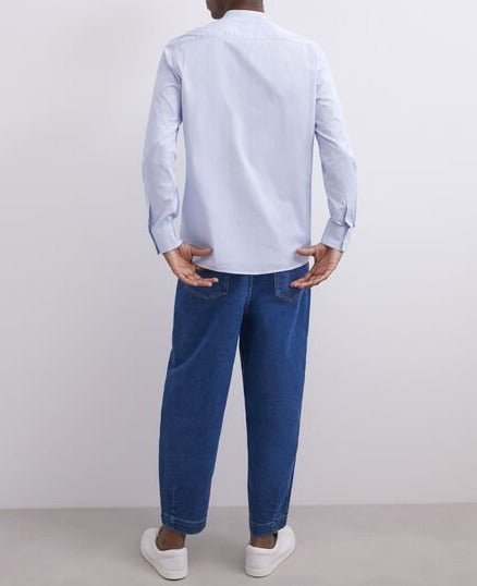 Men Shirt | Sky Blue Mandarin Collar Microstripe Cotton Shirt by Spanish designer Adolfo Dominguez