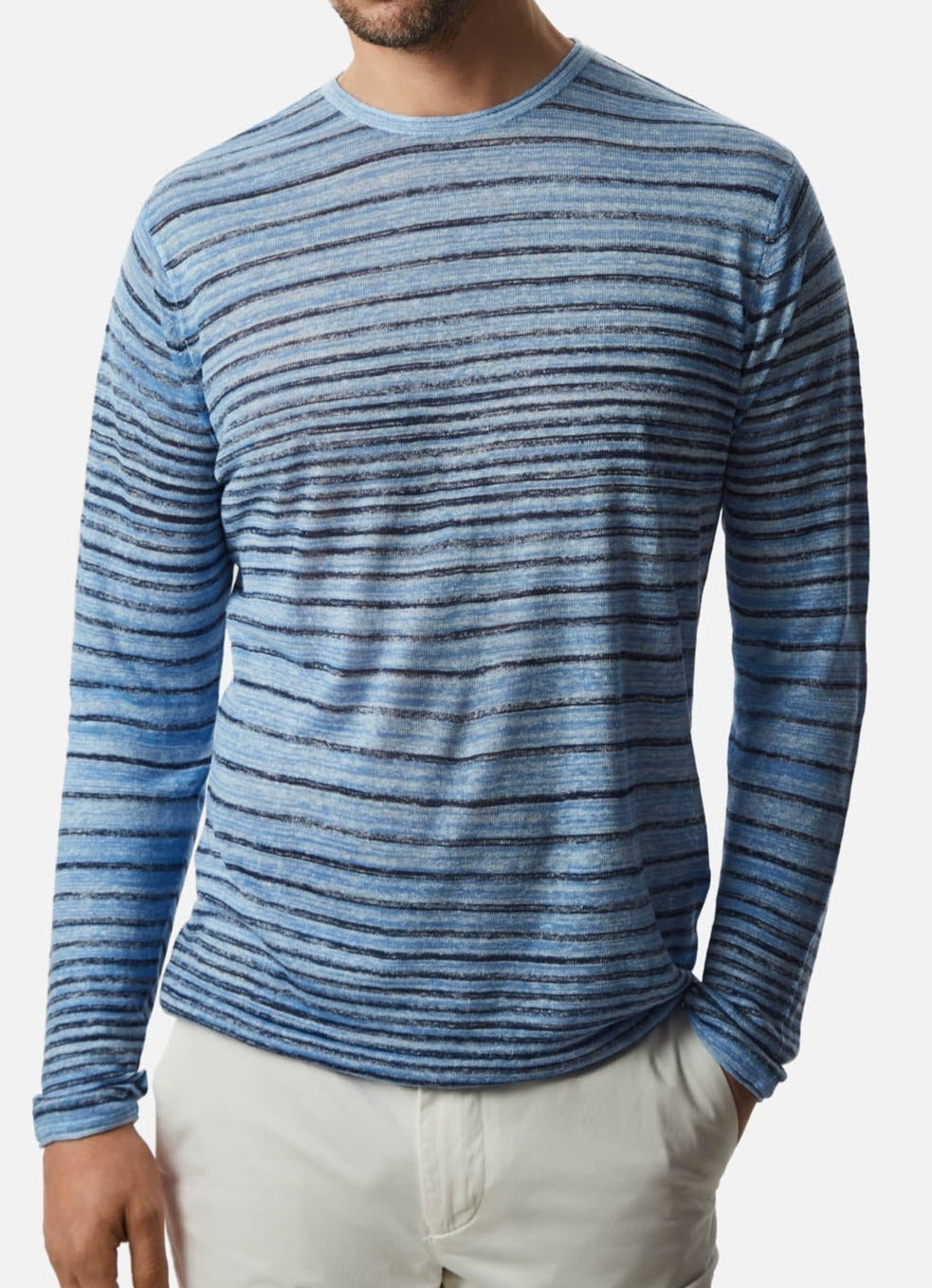 Men Jersey | Sky Blue/White Striped Linen Sweater by Spanish designer Adolfo Dominguez