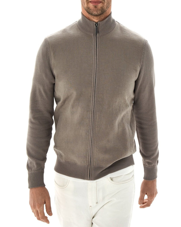 Men Knit Jacket | Stone Cardigan With Linen Front by Spanish designer Adolfo Dominguez