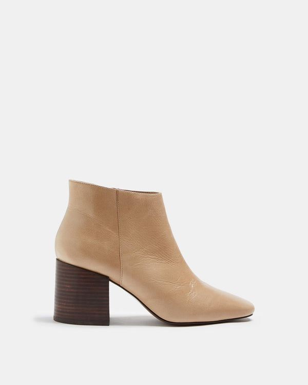 Women Shoes | Taupe Glossy Leather Heeled Ankle Boots by Spanish designer Adolfo Dominguez