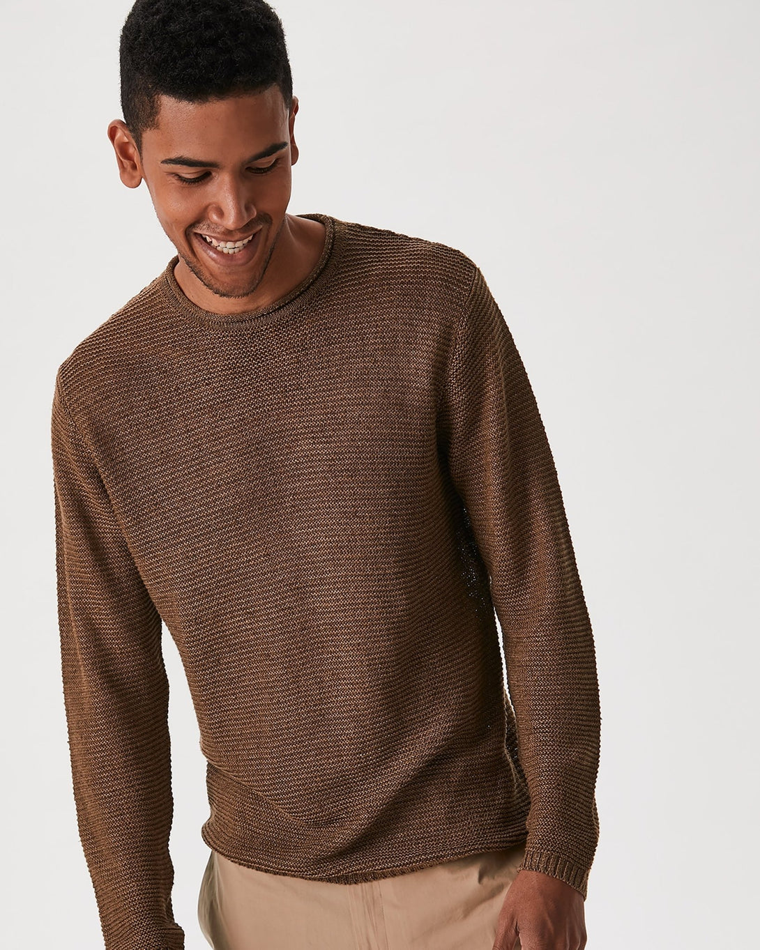 Men Jersey | Taupe Rustic Linen Crew Neck Sweater by Spanish designer Adolfo Dominguez
