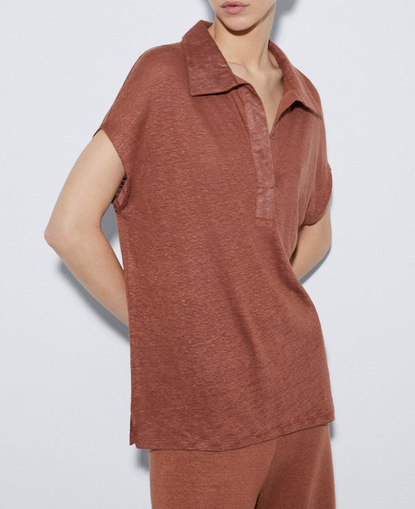Women T-Shirt (Short Sleeve) | Terracotta Linen Polo Shirt With Placket by Spanish designer Adolfo Dominguez