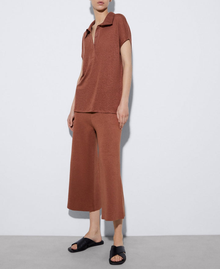 Women T-Shirt (Short Sleeve) | Terracotta Linen Polo Shirt With Placket by Spanish designer Adolfo Dominguez