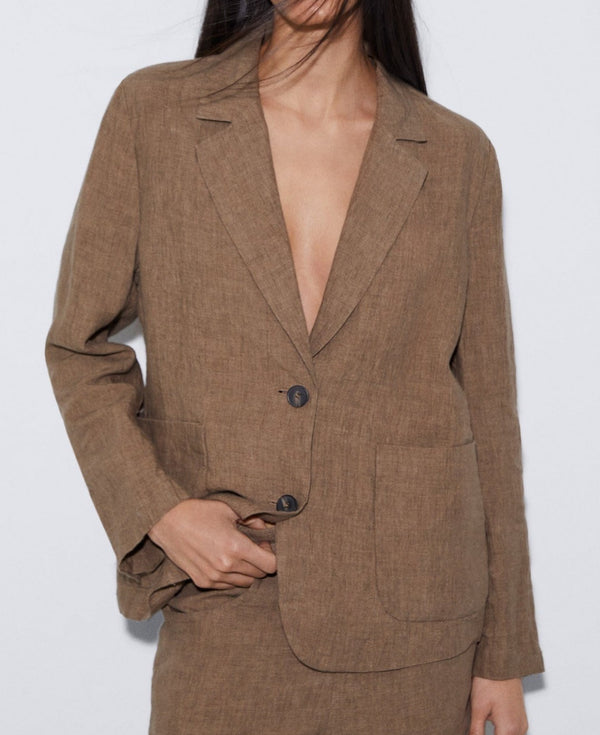 Women Structured Jacket | Tobacco Brown Unstructured Linen Blazer by Spanish designer Adolfo Dominguez
