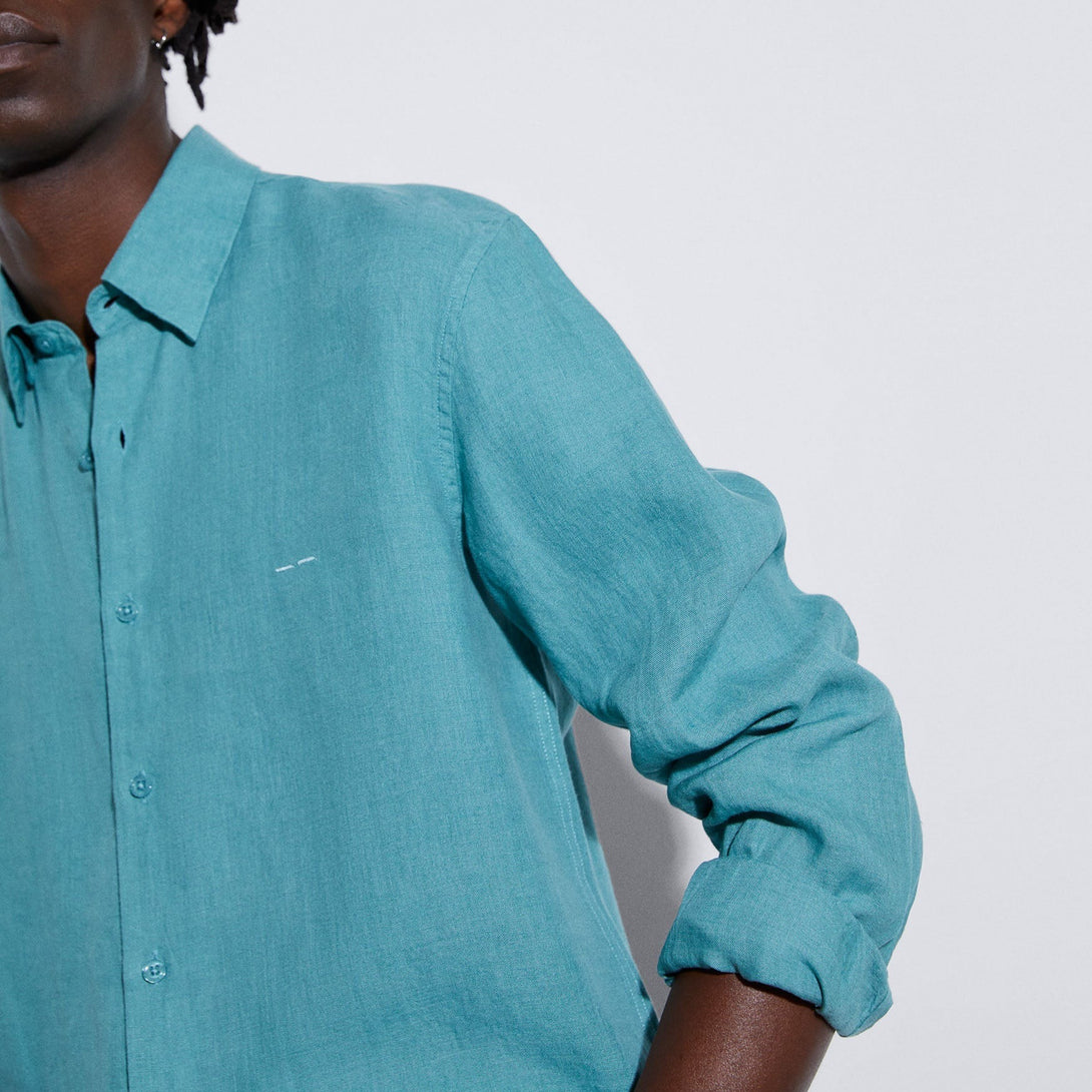 Men Shirt | Topazblue 100% Linen Lapel Collar Shirt by Spanish designer Adolfo Dominguez