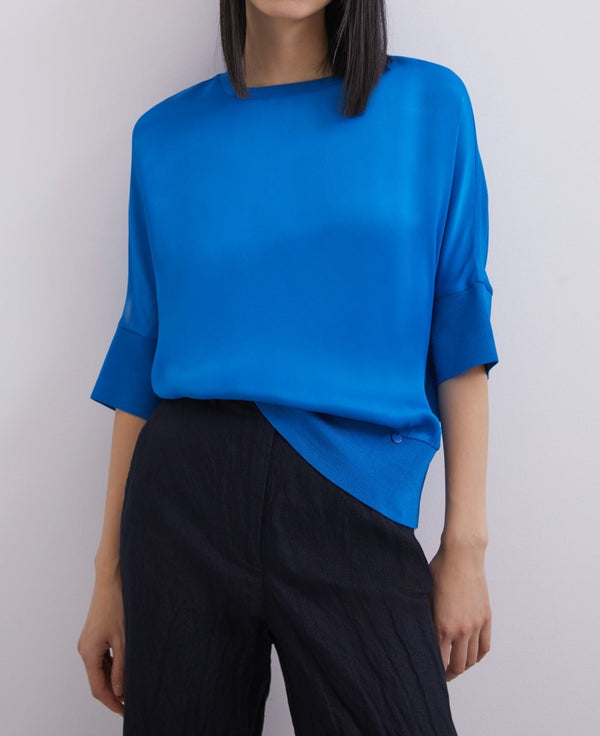 Women Short Sleeved Shirt | Turquoise Viscose Round Neck T-Shirt by Spanish designer Adolfo Dominguez