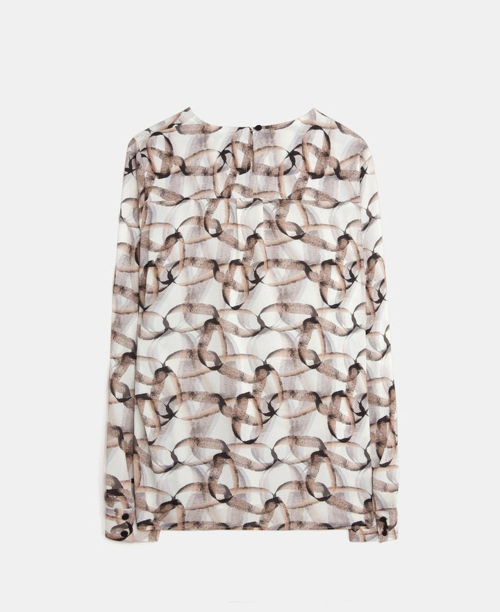 Women Shirt | White And Black Organic Print Blouse Round Neck by Spanish designer Adolfo Dominguez