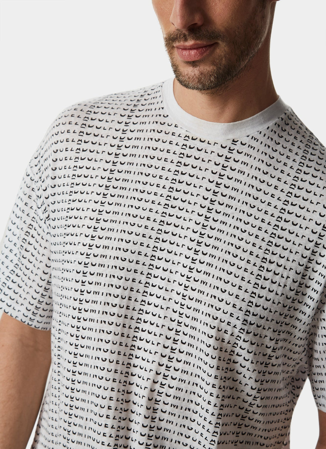 Men T-Shirt (Short Sleeve) | White Elastic Linen T-Shirt With Print by Spanish designer Adolfo Dominguez
