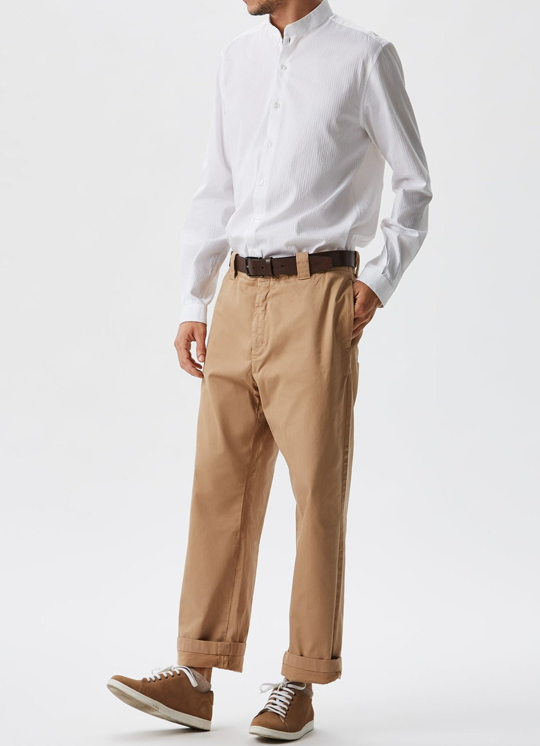 Men Shirt | White Jacquard Mandarin Collar Shirt by Spanish designer Adolfo Dominguez