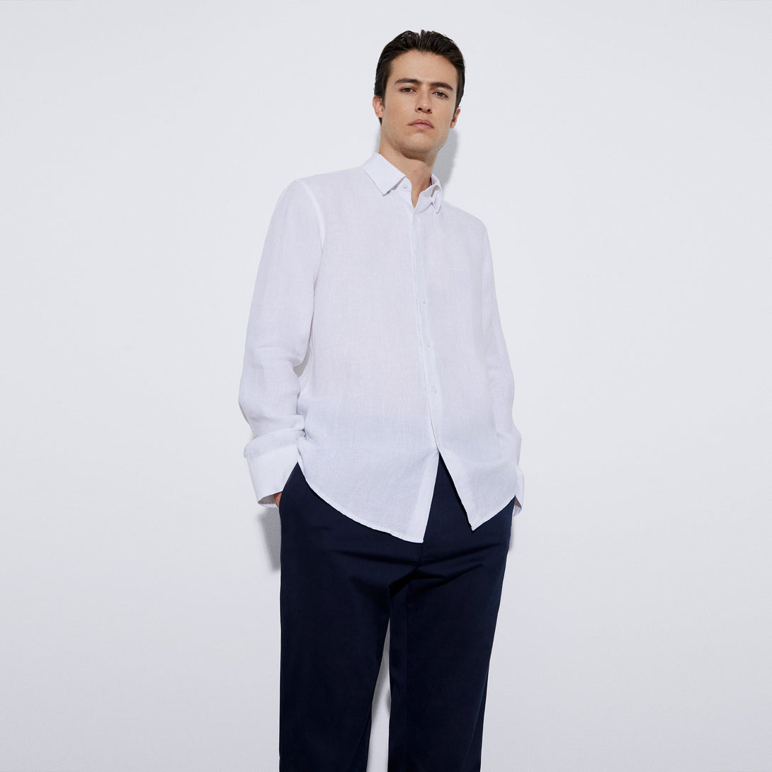Men Shirt | White Linen Lapel Collar Shirt by Spanish designer Adolfo Dominguez