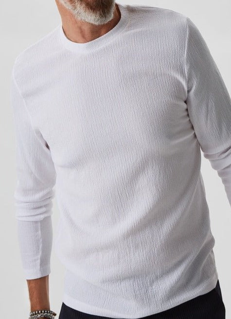 Men Long-Sleeve T-Shirt | White Long Sleeve Crinkle T-Shirt by Spanish designer Adolfo Dominguez