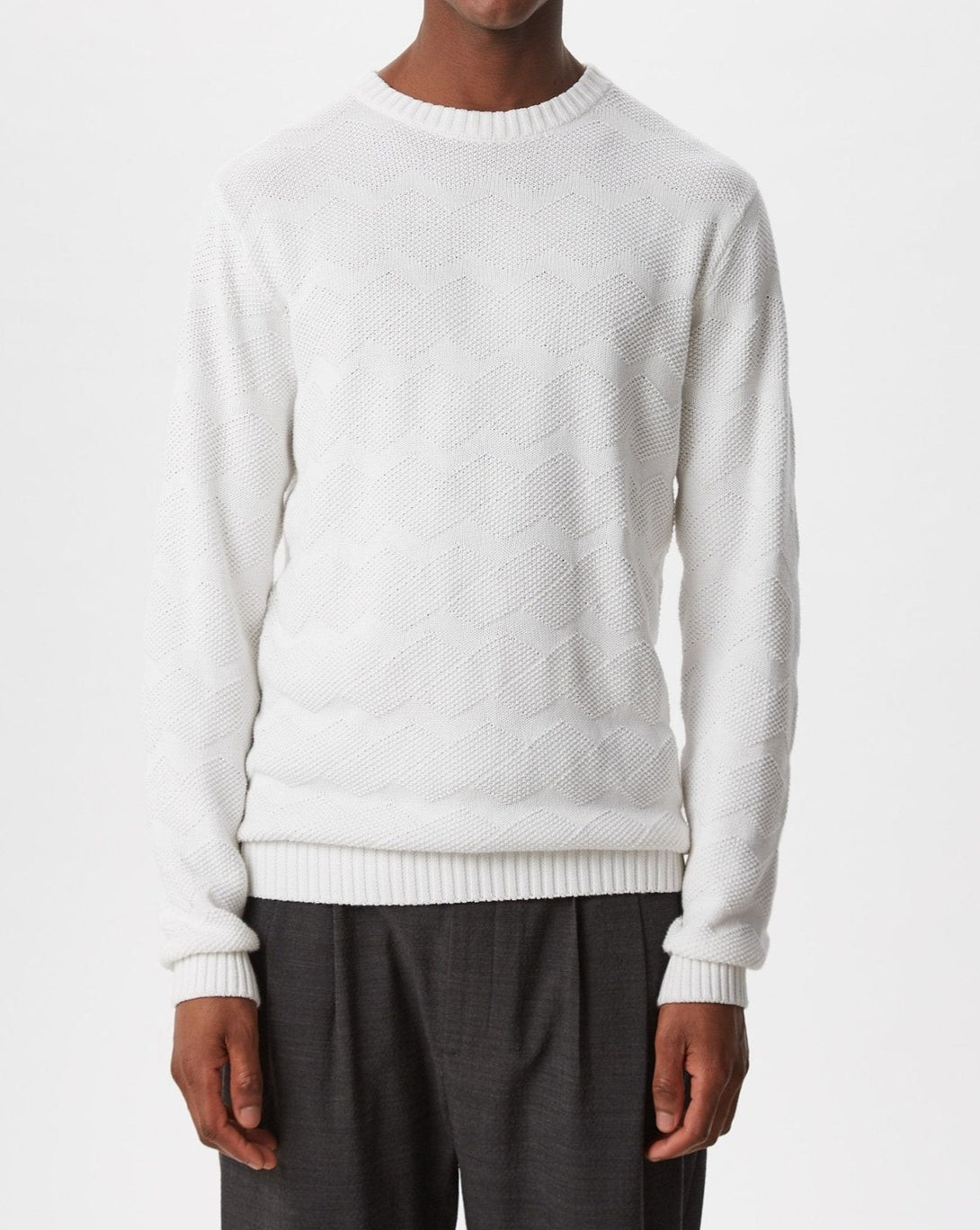 Men Jersey | White Organic Cotton Textured Sweater by Spanish designer Adolfo Dominguez