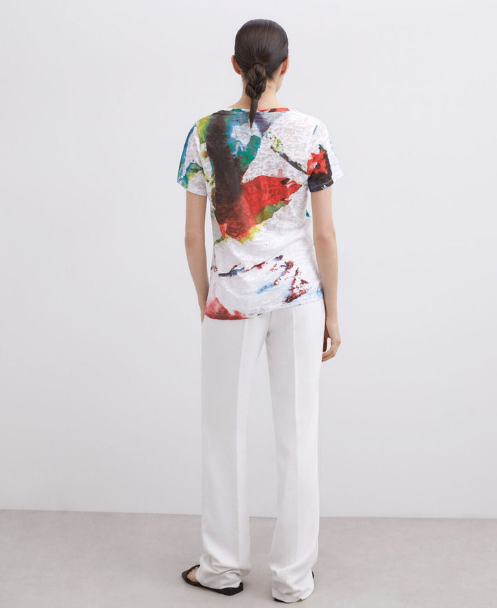 Women T-Shirt (Short Sleeve) | White Print Floral Print Round Neck T-Shirt by Spanish designer Adolfo Dominguez