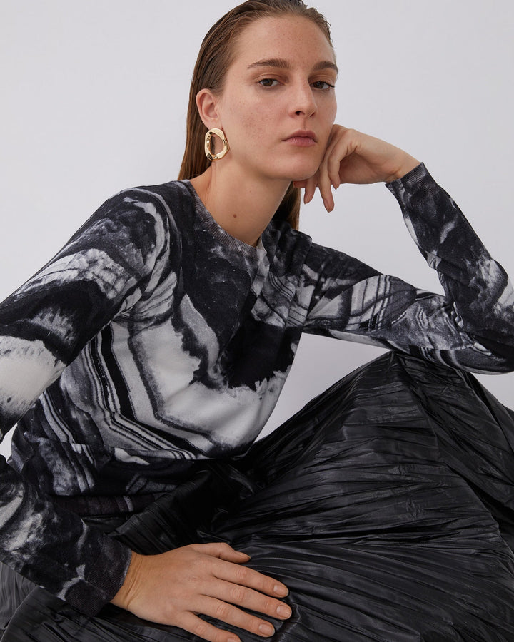 Women Jersey | White Print Printed Sweater With Crew Collar by Spanish designer Adolfo Dominguez