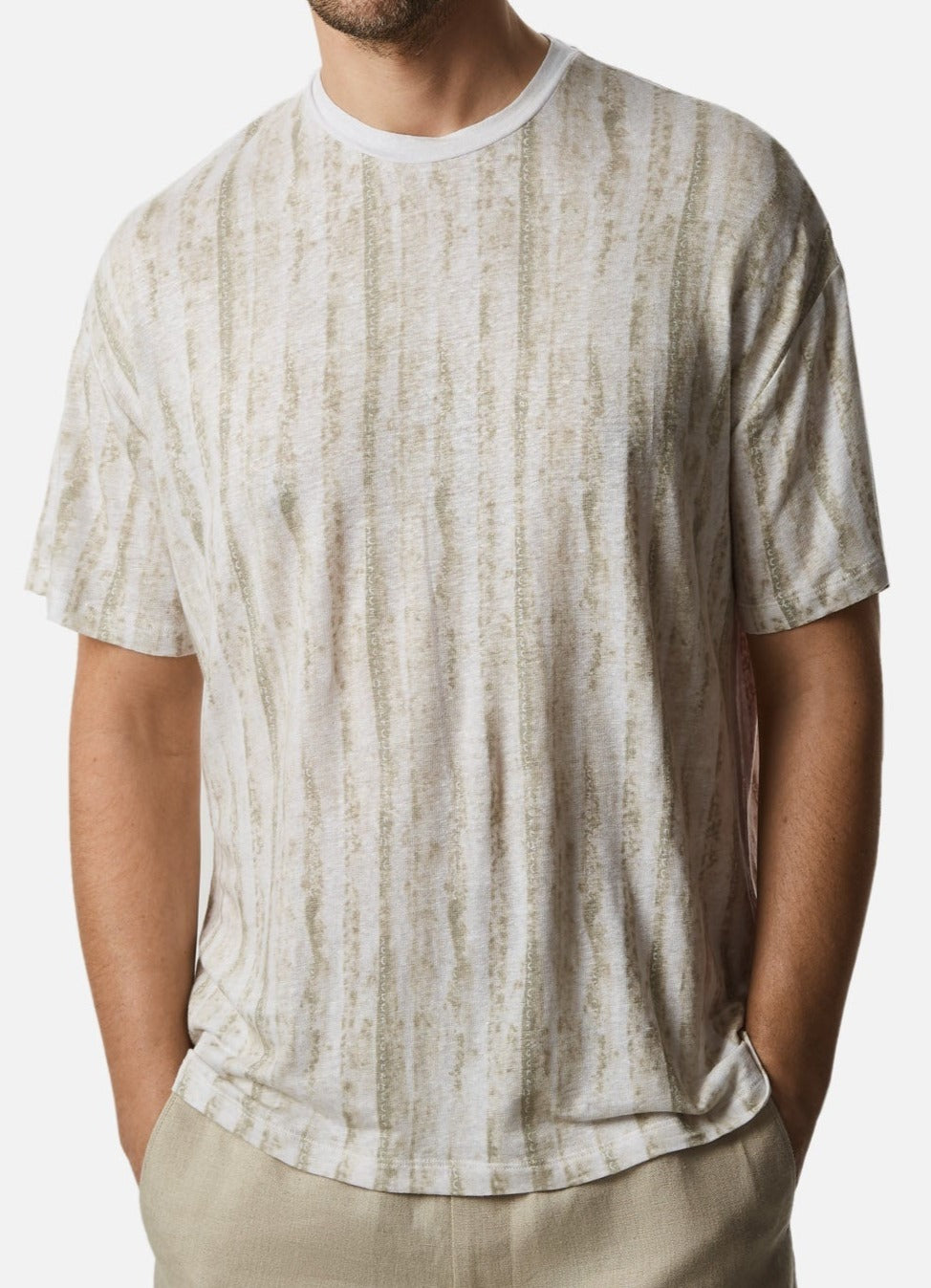 Men T-Shirt (Short Sleeve) | White Print Striped Linen T-Shirt by Spanish designer Adolfo Dominguez