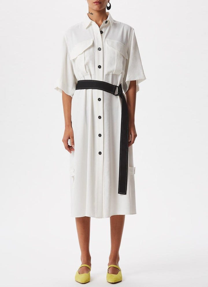Women Dress | White Safari Jacket Style Dress With Belt by Spanish designer Adolfo Dominguez