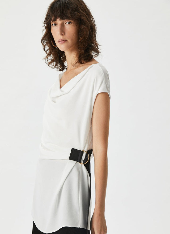 Women Top | White Top With Drapes And Contrasting Bel by Spanish designer Adolfo Dominguez