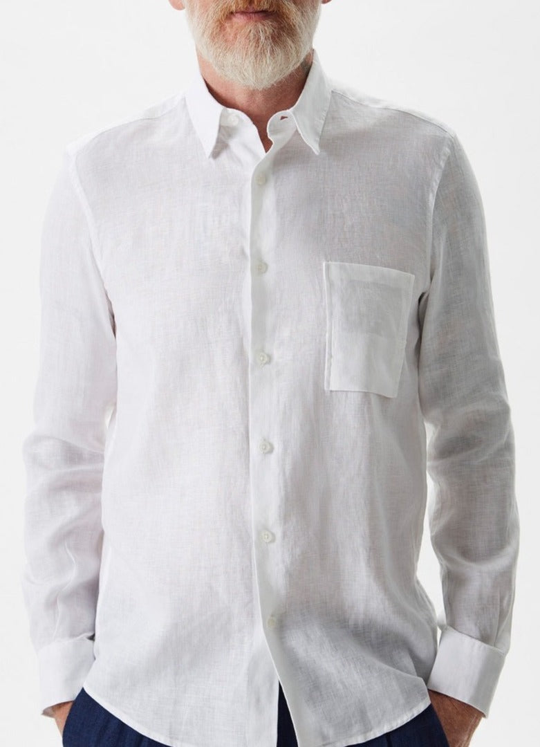 Men Long-Sleeve Shirt | White White Linen Shirt With Chest Pocket by Spanish designer Adolfo Dominguez