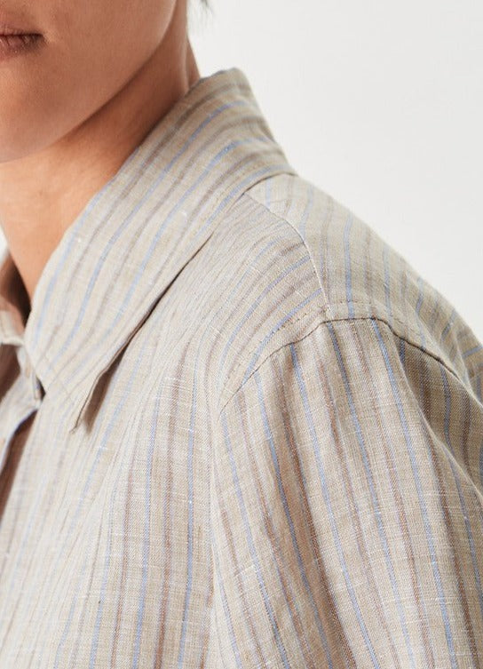 Women Long-Sleeve Shirt | White/Blue Gender-Fluid Linen Shirt by Spanish designer Adolfo Dominguez