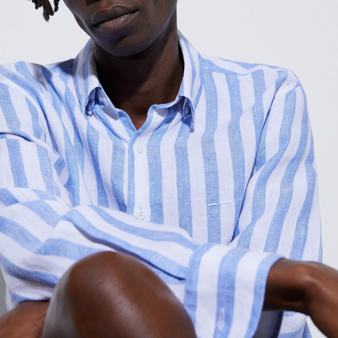 Men Shirt | White/Blue Stripe Linen Striped Shirt With Lapel Collar by Spanish designer Adolfo Dominguez