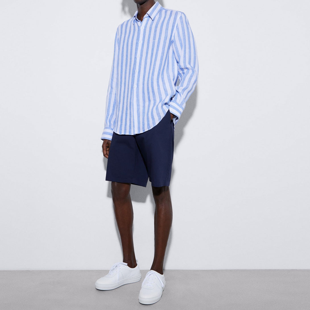 Men Shirt | White/Blue Stripe Linen Striped Shirt With Lapel Collar by Spanish designer Adolfo Dominguez