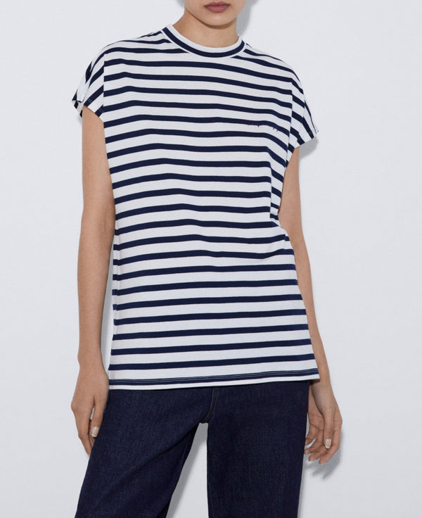 Women T-Shirt (Short Sleeve) | White/Blue Stripe Organic Cotton Crew Neck T-Shirt by Spanish designer Not specified