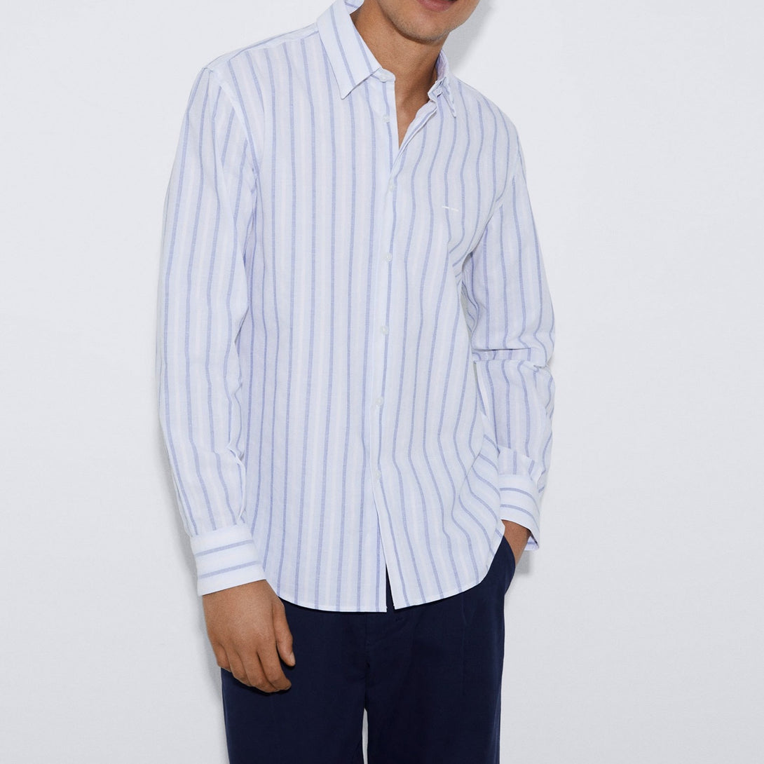 Men Shirt | White/Blue Stripe Organic Cotton Striped Shirt by Spanish designer Adolfo Dominguez