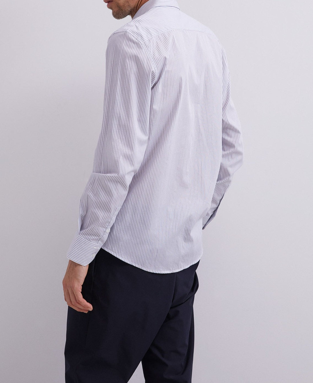 Men Long-Sleeve Shirt | White/Blue Stripe Stripes Cotton Shirt by Spanish designer Adolfo Dominguez