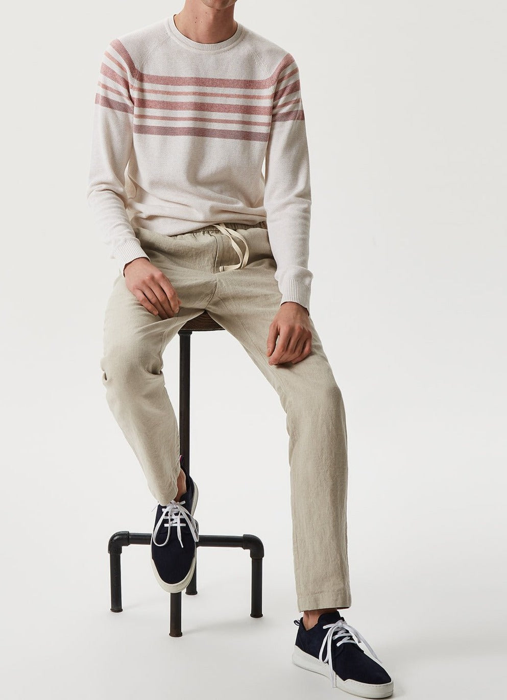 Men Jersey | White/Pink Striped Sweater With Ranglan Sleeve by Spanish designer Adolfo Dominguez