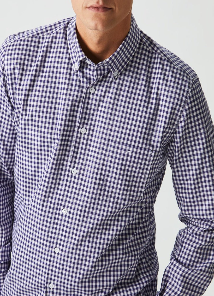 Men Long-Sleeve Shirt | White/Purple Gingham Shi by Spanish designer Adolfo Dominguez